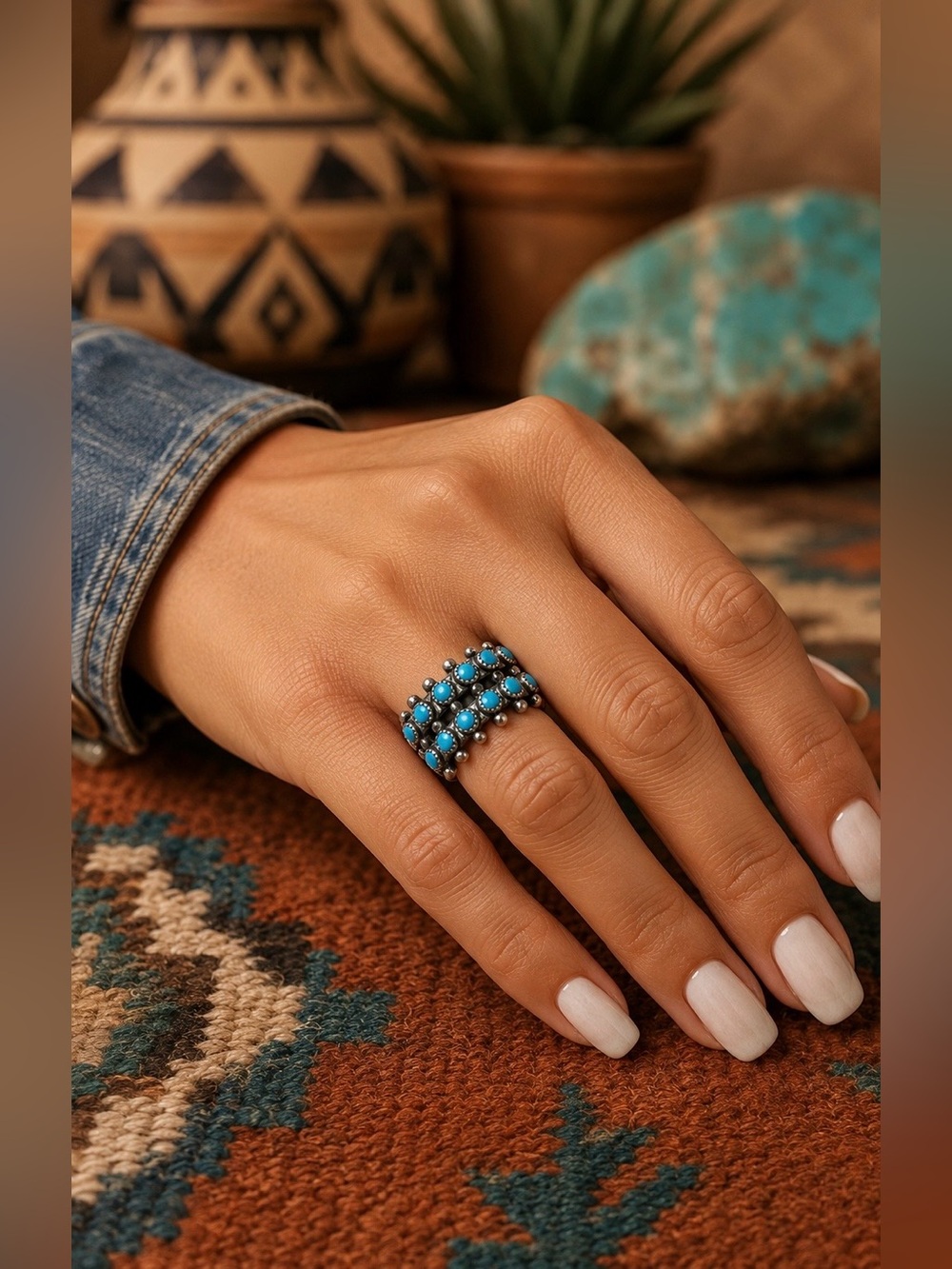 Bell Fred Harvey Style Southwest Sterling Silver Turquoise Petit Point Ring